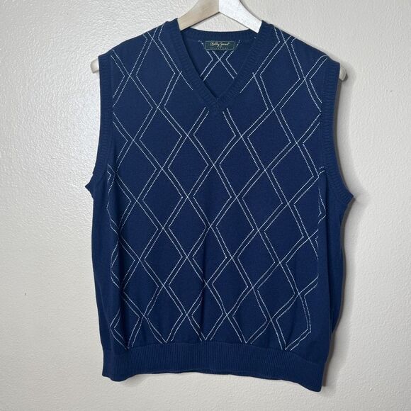 Bobby Jones Sweater Vest Mens XL Navy argyle Silk Cashmere Cable V-neck Golf - Picture 1 of 9
